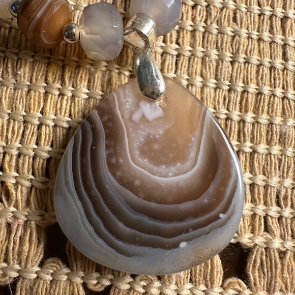 Botswana Agate Pendant and Beaded Necklace on Brown Faux Leather Double Rope - Picture 12 of 15